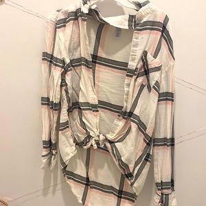 Girls Grey, white, pink and black button up flannel shirt with tie front